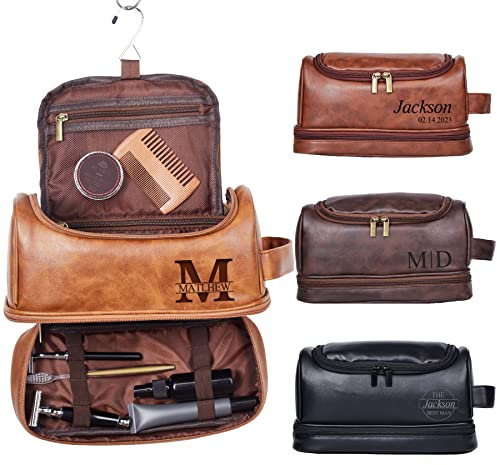 Trousse de Toilette personnalisée pour Homme Trousse de Toilette en Cuir avec Crochet de Suspension Texte gravé Trousse de Rasage Organisateur de Salle de Bain Trousse de Douche en Cuir