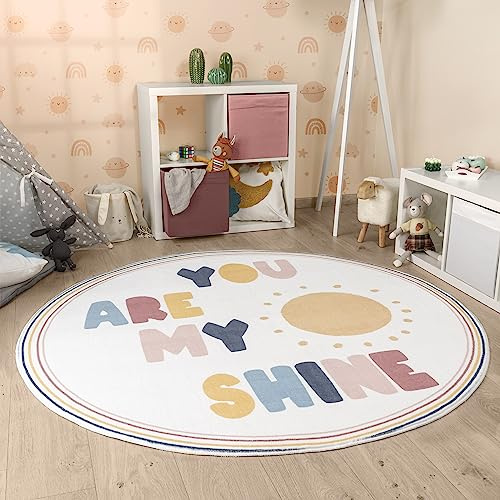 Paco Home Kinderteppich Teppich Kinderzimmer Rund Spielmatte Babymatte Waschbar Bis 30 Grad Sonne Regenbogen Schriftzug Motiv, Grösse:120 cm Rund, Farbe:Bunt