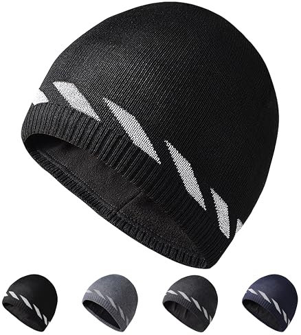 HiRui Winter Beanie Hüte für Männer Frauen Strick Fleece Skull Caps Reflektierende Streifen, Schwarz (1 Stück), Einheitsgr��e