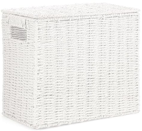 EHC Multi-Purpose Handwoven Slimline Paper Rope Bathroom Storage Unit, Toilet Roll Paper Cabinet, Compact Storage Box, Multi-Purpose Cleaning Caddy With Inbuilt Handles & Lid, White, 35 x 18 x 30 cm