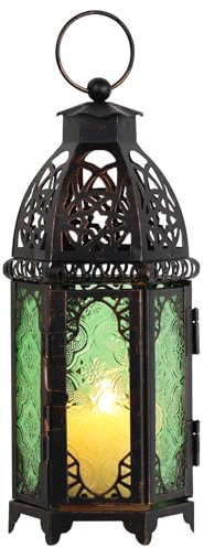 DECORKEY Vintage mittelgroße Kerzenlaterne, 27,9 cm, marokkanischer Stil, dekorative Hängelaterne, Metall-Tischlaterne, Weihnachtskerzenhalter für den Außenbereich, Terrasse, Grün, DKCL-4035