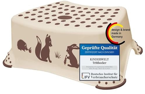 KiNDERWELT Premium Tritthocker für Kinder und Babys, Forest Design in Beige, Tritthocker Stufe für Kleinkinder ab 18 Monaten, abwischbar, rutschfest und BPA-frei