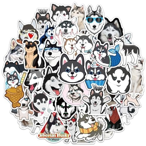 Amaxiu 50 Stück Cartoon Husky Hunde Aufkleber, Lustige Tier Ästhetische Sticker Wasserfest Vinyl Selbstklebend Dekorative Aufkleber Für Laptop Fahrrad Scrapbooking Wasserflasche Planer Tagebücher