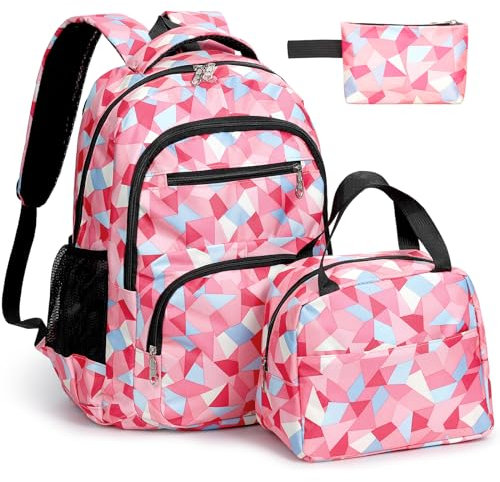 Pystuvo School Bags Set for Girls,Kids Backpack Girls for School,3 Pcs Children's Backpacks Set with School Bag,Lunch Box and Pencil Case,School Backpack for Children Teenagers Students,Pink