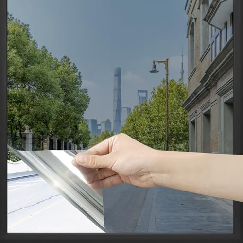 Homein One Way Window Film Privacy Film for Glass Windows 90x300cm, Silver Heat Control Vinyl Anti Glare, Self Adhesive Mirror UV Tint Clings Sun Blocker for Home, Office