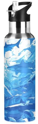 Blaue Meereswelt, Haie, Fische Trinkflasche Wasserflasche mit Strohhalm für Sport, 600ML Thermosflasche BPA-frei Isolierflasche Edelstahl 18/8 für Kinder Wandern Schule