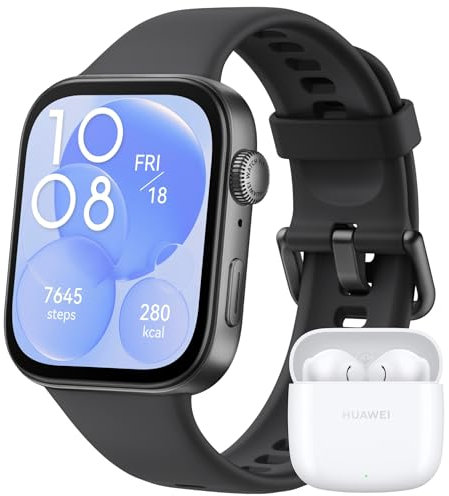 Huawei Watch FIT 3, Display AMOLED da 1.82, Monitoraggio fitness e salute, Compatibilie con iOS e Android, Batteria fino a 10 giorni, Chiamate Bluetooth, Black Fluoroelastomero + Freebuds SE 2 White