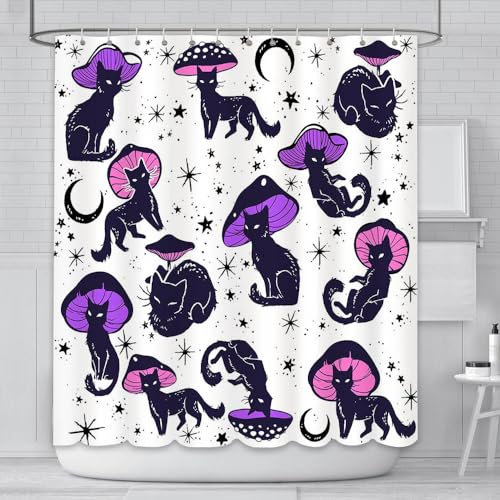AIBIIN Rideau de douche amusant motif chat champignon noir pour la maison, la salle de bain, fournitures décoratives lavables avec 12 crochets 180 x 180 cm
