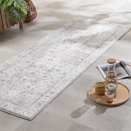 FRAAI | Home & Living Waschbarer LäUfer - Domingo Mandala Weiß - Polyester - Flachgewebe - Vintage - Waschbar in Waschmaschine - Modern - Wohnzimmer, Balkon, Garten/Terrasse, Flur - Carpet