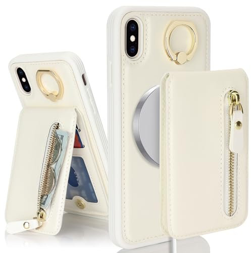 SailorTech iPhone XS Max Case with Card Holder, Ring Stand, Kickstand, Wallet, Detachable 2-in-1 Zipper Case - White