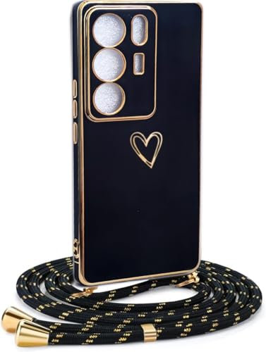 HomiTunky Handykette Hülle kompatibel mit Vivo V29 5G mit Band -Ultra dünn Kameraschutz Herz Love Design Galvanik TPU Silikon Schutzhülle Kordel zum Umhängen,Schwarz
