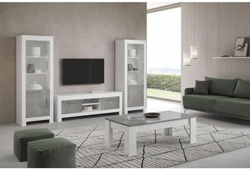 AltoBuy Denae - Ensemble Salon Complet Blanc et Gris Marbré Meuble TV + Table Basse + Vitrines LEDs