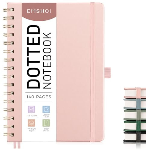 EMSHOI A5 Dotted Notebook, Spiral Notepad, 100gsm, PU HardCover Leather, Stencils, Pocket, Pen Loop, Ruler, Bookmark, 140 Pages Bullet Dot Grid Journal for Women Men Writing, 14.5 x 21cm, Rose Gold