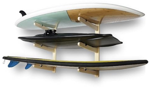 LINGVUM Surfboard Wandregal Halterung Surfboard Rack für Wand Surfboard Storage Racks für Longboards Shortboards Wakeboard Kiteboard und Snowboards, 3 Boards Display Holzarbeiten Indoor und Outdoor