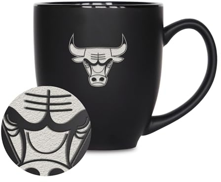 Rico Industries NBA Basketball Chicago Bulls Primary 15oz Laser Engraved Matte Black Ceramic Bistro Mug - for Hot or Cold Drinks