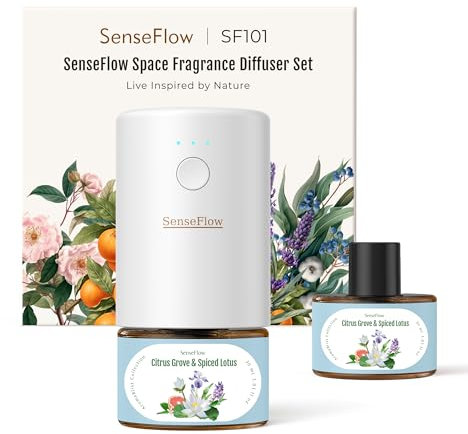 SenseFlow Essential Oil Diffuser Waterless Ultrasonic SF101-100% Plant-Based, LED Light, Adjustable Modes, 100㎡ Covers, 120-Day Scent - Air Freshener & Aromatherapy - Citrus Grove & Spiced Lotus