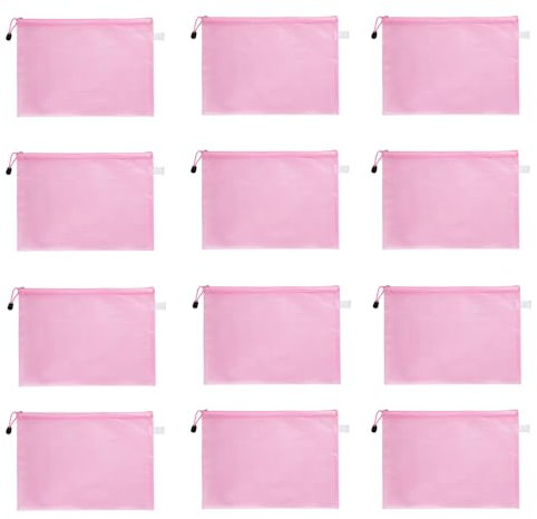 Lot de 12 pochettes A4 en plastique avec fermeture éclair pour bureau, maison, voyage, fournitures scolaires, pochettes en plastique pour cosmétiques, point de croix, puzzles, rose