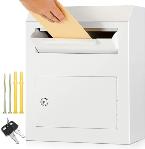 Yaocom Abschließbarer Briefkasten zur Wandmontage, für den Außenbereich, robust, sicher, Schlüsselbox für Mietzahlungen, Post, Schlüssel, Bargeld, Schecks, 38,1 x 30,5 x 10,2 cm, Weiß