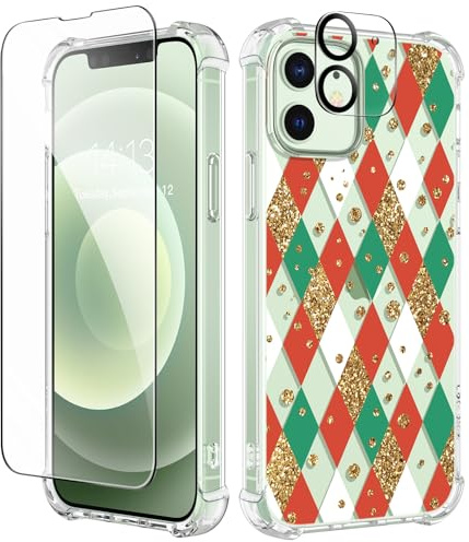 GVIEWIN for iPhone 12 Case/iPhone 12 Pro Case Flower with Screen+Lens Films | Soft TPU, Thin, Shockproof, Clear Flower Cover for Girls Women 6.1 2020, Christmas Diamond/Red