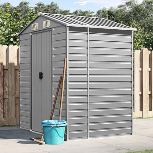 Willood Gerätehaus Gartenhaus mit Schrägdach Griffe Gartenschuppen Schuppen mit Stauraum Geräteschuppen Metallschuppen Hellgrau 191x130x198 cm Verzinkter Stahl