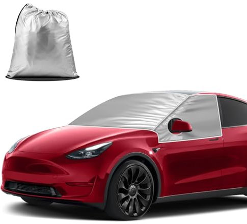 STEEIRO Windshield SunShade for Tes-la Model Y 2020-2023, Foldable Car Windscreen Snow Cover, Waterproof Antifreeze Thickened Oxford Cloth with Storage Bag, Tes-la Model Y Accessories