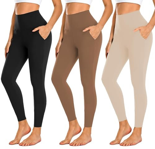 FuelMeFoot 3 Pack Leggings Damen mit Taschen High Waisted Leggins Blickdicht Bauchkontrolle Elastische Sportleggings Workout Yoga Gym.C4-Schwarz/Mokka/Beige L/XL