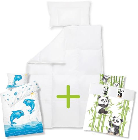 Koru Kids®️ Bettdecken-Set Kinder - Set mit 2 Kinder-Bettbezügen Delfin und Panda aus 100% Baumwolle - Daunendecke 100x135 cm mit Kinder Kopfkissen 40x60 cm - waschbar bis 60°