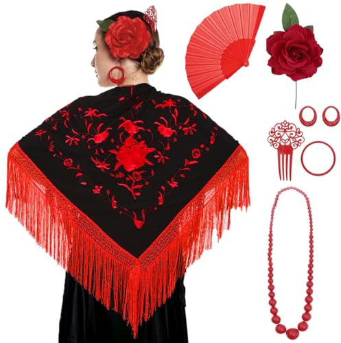 PARTILANDIA 2010 S.L. Manton de Manila Mujer Flamenca, Manton Bordado+Rosa Flamenca para el Pelo+Abanico Flamenco+Peineta Flamenco (Accesoro Flamenco Feria de Abril, Manton Bordado Negro, Adulto)