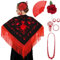 PARTILANDIA 2010 S.L. Manton de Manila Mujer Flamenca, Manton Bordado+Rosa Flamenca para el Pelo+Abanico Flamenco+Peineta Flamenco (Accesoro Flamenco Feria de Abril, Manton Bordado Negro, Adulto)