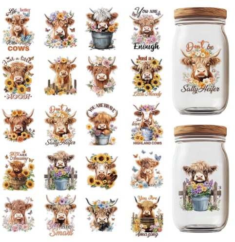 GOMAKERER 20 Blatt UV DTF Kaffeefolien Highland Cow Transferaufkleber Tiere Kunststoff Wärmefolie Aufkleber Für Glas Tassen Milch Tee Kaffeetassen Behälterdekor