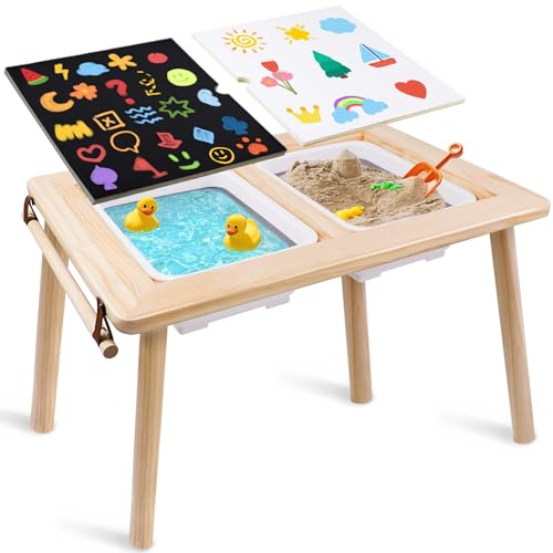 Wooden Toddler Sensory Table, Childrens Play Table with Double-Sided Boards | Montessori Toddler Activity Table with Paper Roll Holder & Non-Slip Feet, 2 Storage Bins, Indoor/Outdoor Sand and Water Table