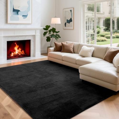 Puremy Wohnzimmerteppich, Kurzflor Flauschiger Weich, 120x170cm, Schwarz | Teppiche Wohnzimmer Deko Waschbarer & Anti-Rutsch Modern Einfarbiges für Schlafzimmer, Kinderzimmer, Bettvorleger Matte