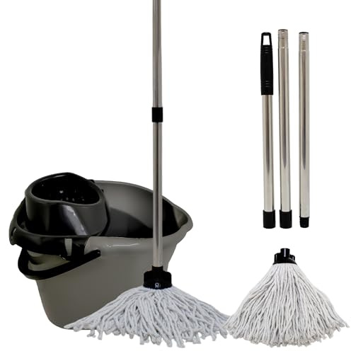 LITETRON Heavy Duty Cotton Mop and Bucket Sets (2 Mop Heads & 1 Steel Pole) with Detachable Wringer-Easy Assesmbly Sturdy Plastic Bucket & Floor Mop with Handle-Super Absorbant Microfibre Cotton Mops