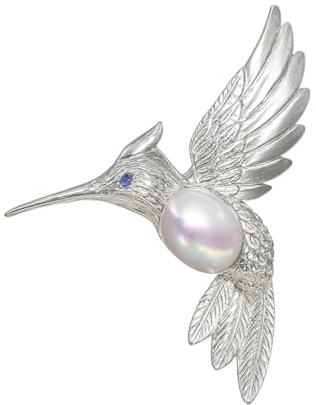 Handgefertigte 925er Silber Brosche mit natürlicher Süßwasserperle – Kolibri Design, Symbol für Eleganz & Lebensfreude, Unisex Schmuck