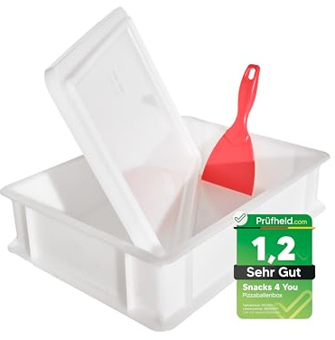 Snacks 4 You - Pizzaballenbox mit Deckel 40x30cm, H 10cm + Pizzaspachtel + Pizzateig Rezeptkarte, Gärbox | Hefekiste | Teigwanne | Teigbox für 6 Pizzateigballen – stapelbar & robust