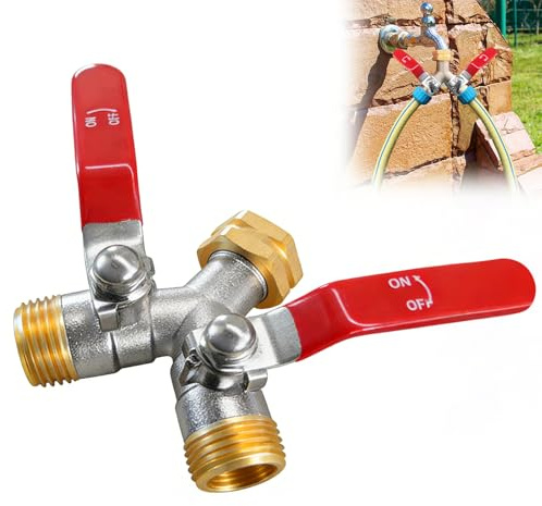 PORFOYO Répartiteur Y à 2 Voies en Laiton: Istributeur en Y à 2 Voies Robinet, Accord d'eau 3/4 avec Robinets D'arrêt Séparés, Robinet Double Sortie pour Camping-Car, Pelouse, Voiture, Camping