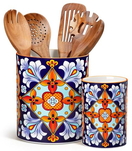 vancasso SIMI 7.3+5.5 Porcelain Utensil Holder for Kitchen Countertop | Bohemian Kitchen Utensil Organiser, Ideal for Spatulas, Ladles, Spoons, Cutlery, Counter Utensil Crock, Amber Elegance