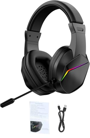 Risegun Kabelloses Gaming-Headset, Wireless Headset mit Mikrofon, Bluetooth Kopfhörer mit LED Beleuchtung, Over-Ear Gaming-Kopfhörer für PS5, PS4, Xbox, PC, Smartphone, Laptop, Schwarz