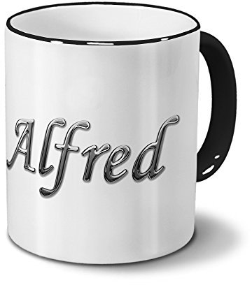 printplanet Tasse mit Namen Alfred - Motiv Chrom-Schriftzug - Namenstasse, Kaffeebecher, Mug, Becher, Kaffeetasse - Farbe Schwarz