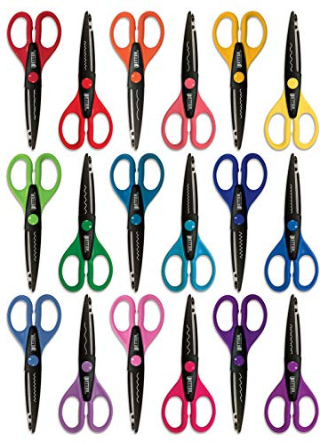 Better Office Products 18 Piece Decorative Edge Craft Scissors, 18 Colors and Edge Designs, 6 Inch Length, 2.5 Inch Blades, Assorted 18 Count Edger Scissors