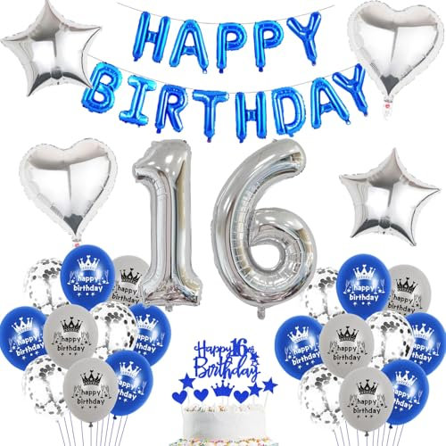 Luftballon 16.Geburtstag Junge blau silber deko Folienballon 16 jahre Geburtstags deko Junge mädchen silber happy Birthday 16th Geburtstagsdeko 16 Ballon 16 jahre Geburtstag mädchen Dekoration (16)