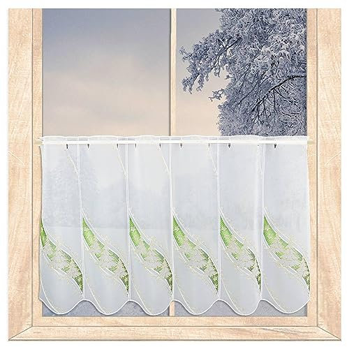 atelier alles-Spitze Winterlich bestickte Scheibengardine Goldene Wintertanne | Halbtransparente Kurzgardine mit Vogtländischer Stickerei in Weiß, Grün und Gold | Höhe x Breite: 55 x 96 cm