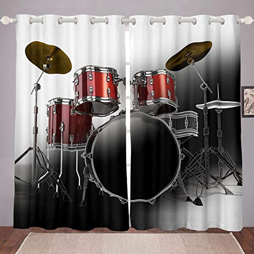 Loussiesd Schlagzeug Blickdichte Vorhänge Rockmusik Themed Fenstervorhang für Jungen Kinder Musikalisches Muster Vorstehend Fleckresistent Drum Set Room Decor 137x117cm