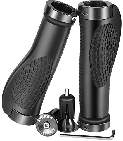 LYCAON Ergonomic Fahrradgriffe mit 2 Dehnbaren Aluminium - Endkappen, Fahrradlenker - Griffe für MTB/BMX/Mountain/Downhill/Klappbare/Urban Fahrräder/Scooter (Schwarz, Expandierbare Endkappen)