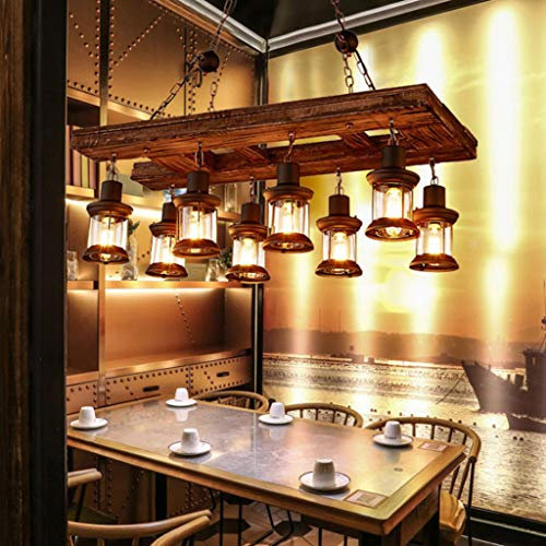 Schmiedeeisen Hängelampe Holz Pendelleuchten Industrial Loft Bar Hängeleuchte Retro Pendelleuchte Höhenverstellbare Transparente Glas Lampenschirm Zimmer Wohnzimmer Kronleuchter