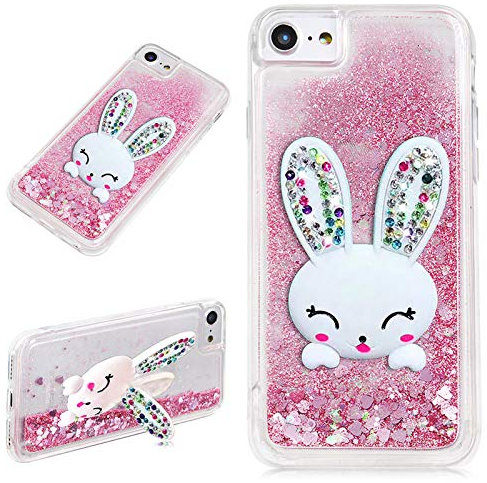 LCHDA Custodia per iPhone 12 / iPhone 12 Pro 6,1 Pollici,Bling Liquido Scintillante Sabbie Mobili Diamante Lucente con Simpatico Supporto per Orecchie da Coniglio 3D Silicone Protettivo Cover-Rosa