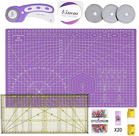 INTLMATE Schneidematten-Set, A3, inkl. 43,2 cm selbstheilender Schneidematte, 45 mm Rollschneider mit 3 klingen, Acryl-Quilt-Lineal, Patchwork-Lineal, 20 Clips, 100 Stifte (lila)