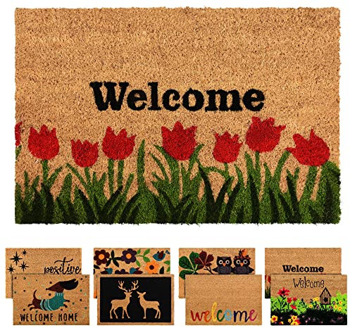 ZENQA Coir Door Mats Outdoor Indoor | Front Door Heavy Duty Doormat Thick Non Slip High Absorbency | Large 100% Natural Coir Dirt Trapper | Entrance Matting (Welcome Roses)