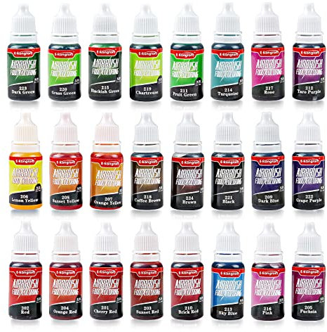 E-Kongton Colorant Alimentaire Airbrush Liquide : 24 Couleurs Vives Liquides Pour AéRographe, PâTisserie, DéCoration De GâTeaux, Macarons, Colorant Alimentaire Airbrush Inodore - 0.35oz/Bouteille