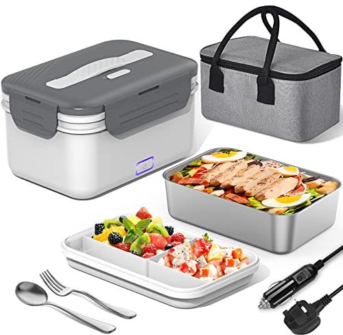 Herrfilk 100W Electric Lunch Box Adults, 1.8L Thermal Lunch Box with Compartments for Fruits, Heated Lunchbox with 230V Home/Office & 12V 24V Car/Truck Cables, Insulated Lunch Bag, Spoon and Fork